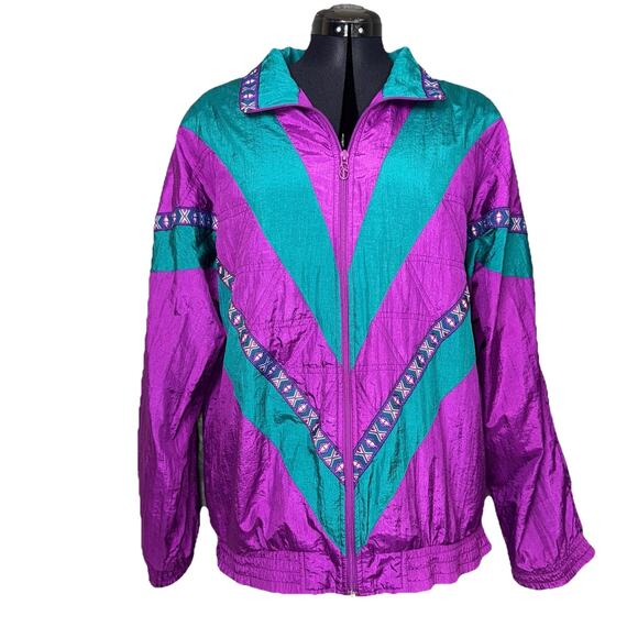 VTG 90s Lavon XL Track Suit Jacket Pants Windbreaker Retro Purple Teal Shiny Ski - Picture 2 of 16